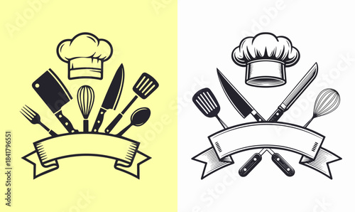 Culinary Tools Logo Illustration, culinary tools logo, kitchen utensils logo, cooking tools illustration, chef tools logo design, kitchenware icon, culinary branding logo, food tools emblem, chef png,