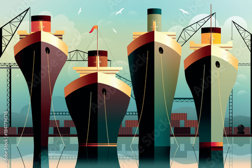 Loading and unloading cargo ships at a dock, with shipping containers and port cranes in the background. Handmade drawing vector illustration in Art Deco style.