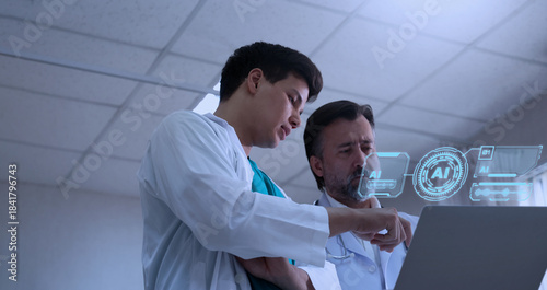 Using AI. Doctors collaborating and using futuristic AI holographic interfaces. They review digital health diagnostics analyze medical ai data. Discuss patient insights via ai healthcare technology.