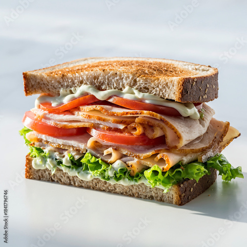 Delicious Turkey and Tomato Sandwich on Toasted Whole Wheat Bread with Lettuce and Creamy Spread