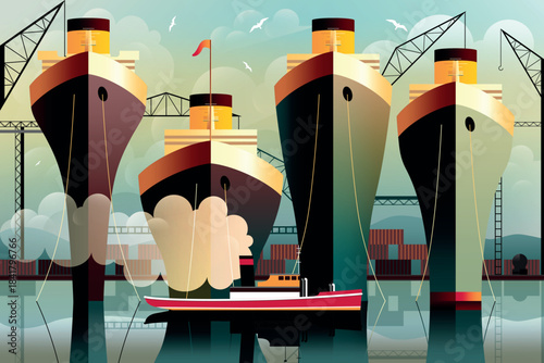 Small steam tugboat and loading and unloading cargo ships at a dock, with shipping containers and port cranes in the background. Handmade drawing vector illustration in Art Deco style.