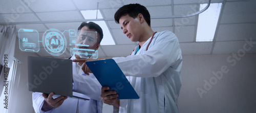 Using AI. Doctors collaborating and using futuristic AI holographic interfaces. They review digital health diagnostics analyze medical ai data. Discuss patient insights via ai healthcare technology.