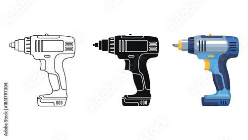 Cordless Drills Vector Set in Three Styles — Line Art, Silhouette and Color Version Designs