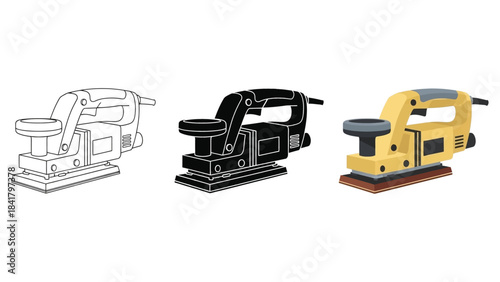 Electric Sanders Vector Set in Three Styles — Line Art, Silhouette and Color Version Designs for Woodworking Tools Illustration