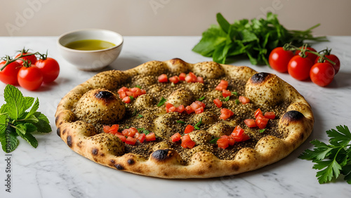 Lebanese man’oushe flatbread with zaatar served in a modern, softly lit kitchen setup for lifestyle culinary photography. Isolated on White background