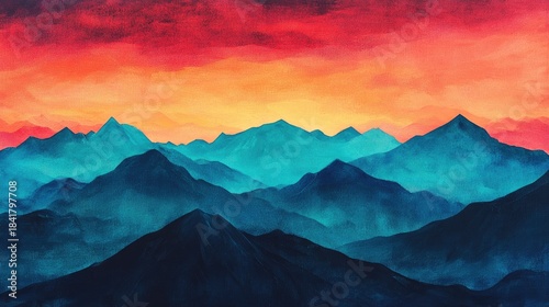 Layers of softly faded mountain silhouettes blending beneath a vibrant sky split into hues of crimson