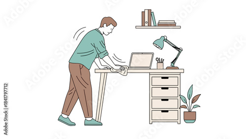 Illustration of a person cleaning a desk with a laptop and a houseplant present