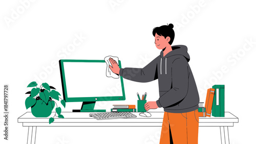 Illustration of a person cleaning a computer monitor on a desk indoors