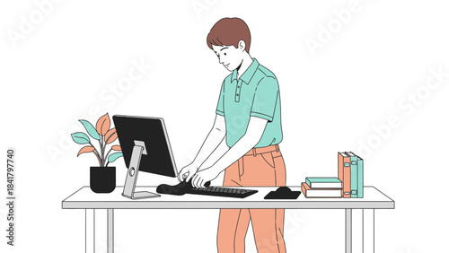 Illustration of a man working on computer at his office desk, business lifestyle concept