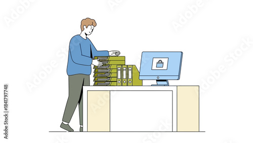 Illustration of a man working with files and a computer inside an office environment