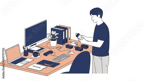 Illustration of a person at a desk with computer and office stationary  working at home