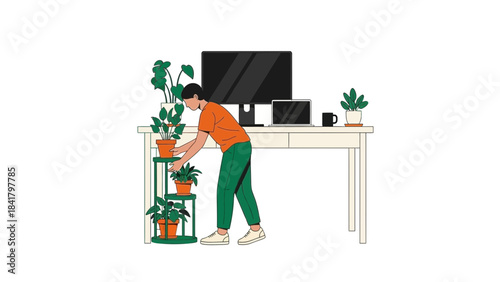 Illustration of a person caring for plants at a desk with computer and laptop workspace.