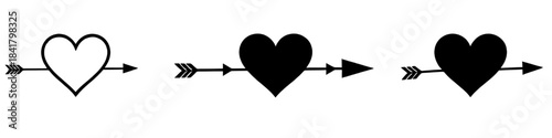 Black heart arrow vector icons featuring outline and solid heart shapes for love romance and Valentine themes