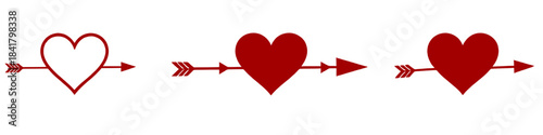 Red heart arrow vector icons featuring outline and solid heart shapes for love romance and Valentine themes