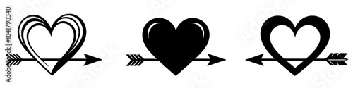 Set of black heart arrow vector icons featuring outline and solid heart shapes for love romance and Valentine themes