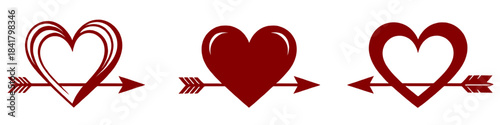 Set of red heart arrow vector icons featuring outline and solid heart shapes for love romance and Valentine themes
