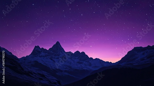 The silhouette of a grand mountain chain glowing faintly as the last purple hues of twilight merge into a shadowy star-filled sky