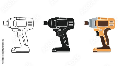 Three Power Drills Vector Set in Three Styles — Line Art, Silhouette and Color Version Designs in Different Colors Side by Side