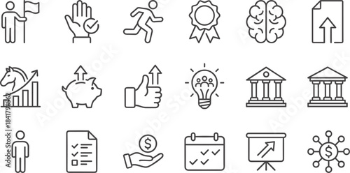 Business success motivation icon set including growth leadership creativity finance planning strategy innovation achievement outline symbols
