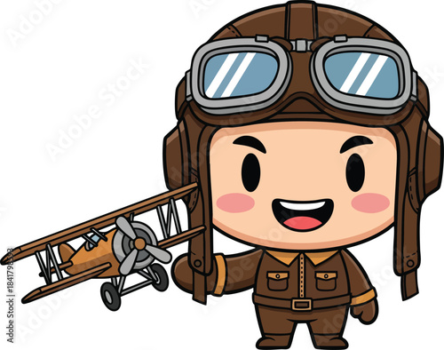 Title: Cute Chibi Aviator Pilot Holding a Vintage Biplane Toy - Vector Illustration of Aviation, Travel, and Adventure