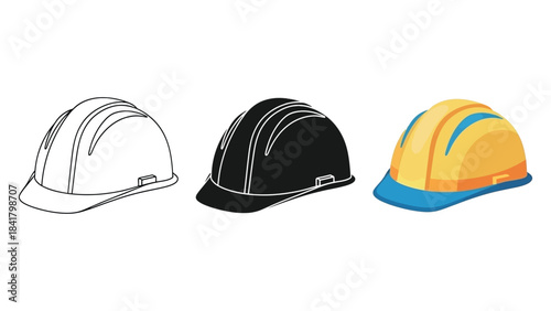 Construction Hard Hats Vector Set in Three Styles — Line Art, Silhouette and Color Version, White Black and Yellow