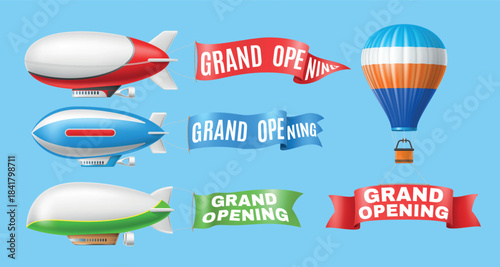 Retro airships with grand opening banners. Realistic hot air balloons and dirigible. Textile long ribbons. Flying aerostat in sky. Advertising 3d objects. Vector render isolated set