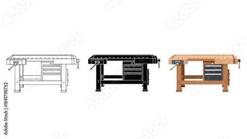 Workbench Vector Set in Three Styles — Line Art, Silhouette and Color Version for Crafting and Woodworking
