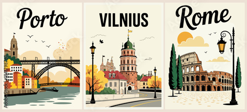 Stylized triptych featuring Porto, Vilnius, and Rome landmarks in a clean vintage Art Deco style with geometric shapes and warm color palette