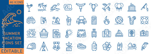 Summer set of web icons in line style. Summer vacation icons for web and mobile app. Travel, beach, tourism, summer holidays, hotel, luggage ,relax, beach, , passport, sunglasses. Vector illustration.