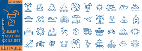 Summer set of web icons in line style. Summer vacation icons for web and mobile app. Travel, beach, tourism, summer holidays, hotel, luggage ,relax, beach, , passport, sunglasses. Vector illustration.