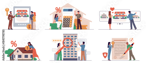 Mortgage credit scenes. People purchase real estate, calculating percentages, own housing, rent apartment or house, debt payments, realtors deal, nowaday vector cartoon flat concept set