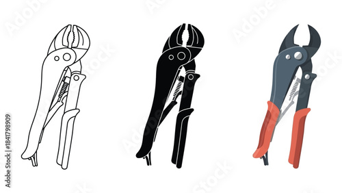 Pliers Tools Vector Set in Three Styles — Line Art, Silhouette and Color Version for Mechanical Work