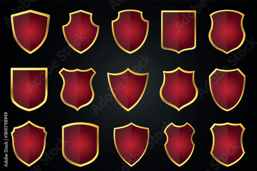 Golden shield badges. Different shapes heraldic elements, blank labels, luxury metal items, arms coats design icons. Protection safeguard symbol. Premium quality icon. Qualitative vector set