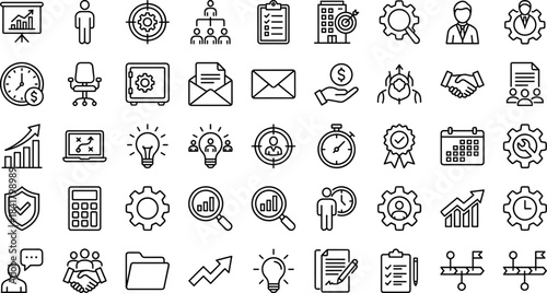 Business management strategy icon set including analytics teamwork planning leadership productivity communication finance growth outline symbols