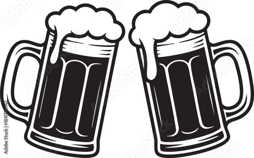 Stylized black and white line art beer mug silhouette isolated on transparent background