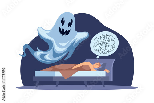 Disturbing sleep. Man is tormented by nightmares with ghost, spooky monsters in dreams, mental health, terrified bedtime, phobia and insomnia cartoon flat style isolated vector concept