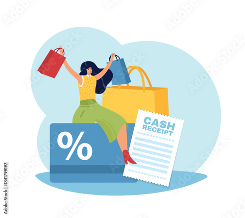 Discount and loyalty card. Happy regular shopper with advantage, woman on shopping, sale service, reward promotion advertising, cashback promo cartoon flat style isolated vector concept