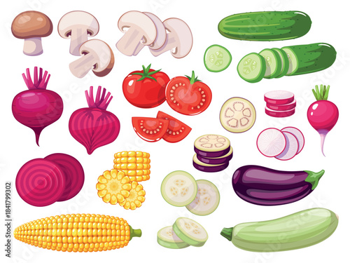 Cartoon vegetables slices. Vegetarian food ingredients, fresh farm products, half and cut mushrooms, beetroot, whole cucumber organic harvest, corn and cabbage classy vector set
