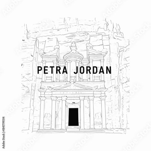Outline illustration of Petra Treasury Al Khazneh Jordan wonder