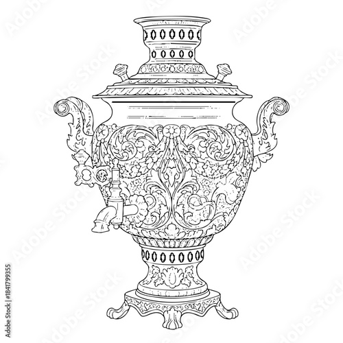 Vintage Engraved Samovar Tea Kettle Line Drawing