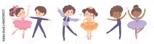 Cartoon dance kids couples. Young ballet dancers characters, cute boys and girls in stage costumes, classical choreographic poses, childish performance, garish vector isolated set