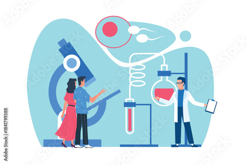Artificial insemination. Tiny people with microscope and test tubes, gynecology doctor, In vitro fertilization, reproductive health diagnostic cartoon flat style isolated vector concept