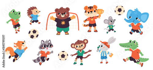 Animals play soccer. Football fauna players, cute wild athletes wearing sports uniform, bear is goalkeeper, raccoon, frog kick ball. Sport game competition garish vector cartoon flat set