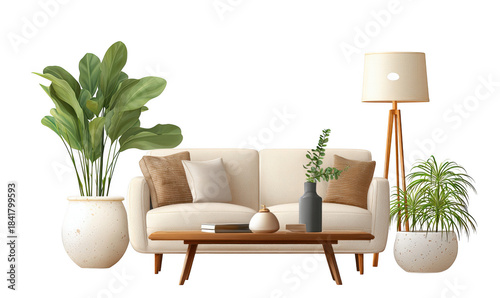 Modern Living Room Setup Featuring Stylish Sofa, Elegant Furniture Pieces, and Lush Green Plants for a Chic Interior Design, png, isolated on transparent background