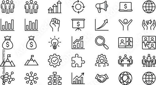 Business teamwork leadership growth icon set including charts collaboration communication success innovation strategy management outline symbols