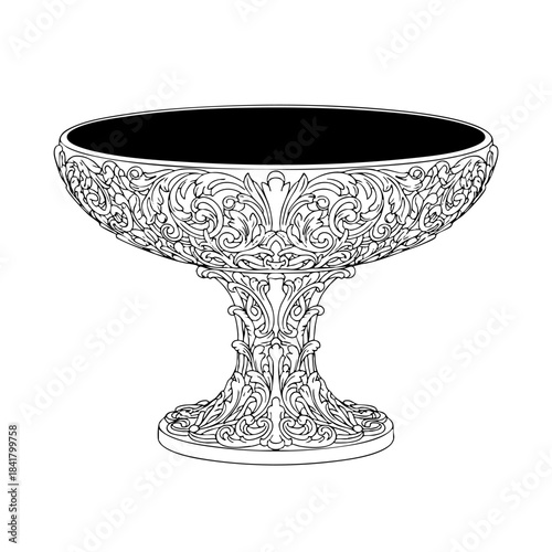 Baroque Ornate Pedestal Bowl Line Art Vector Illustration