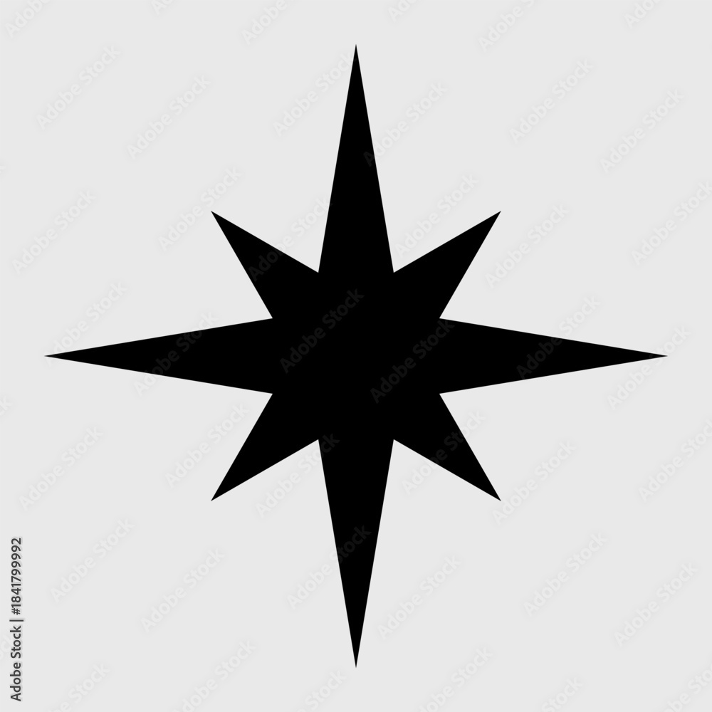 Fototapeta premium Vector black eight point star icon on light grey background. Minimal geometric starburst shape illustration for logo, badge, sticker, tattoo, decoration and graphic design element.