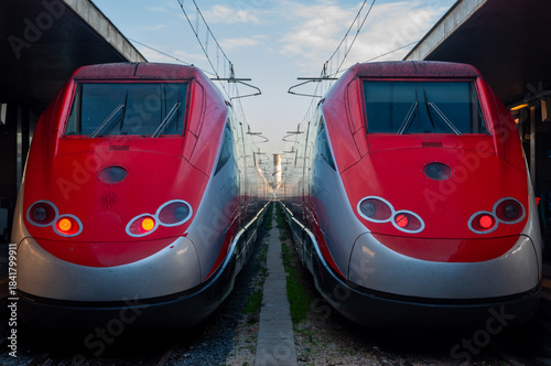 Two high-speed train waiting for passengers