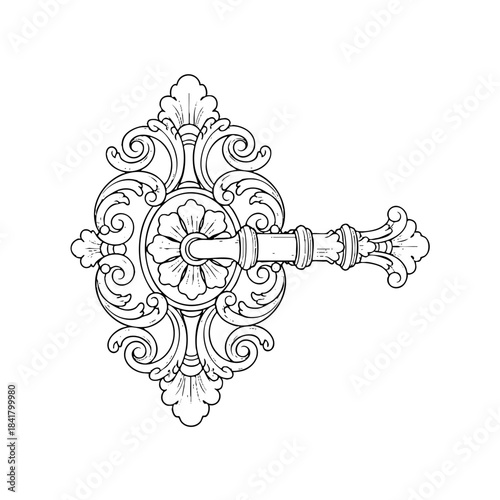 Vintage Ornate Door Handle Escutcheon Plate Line Art Drawing