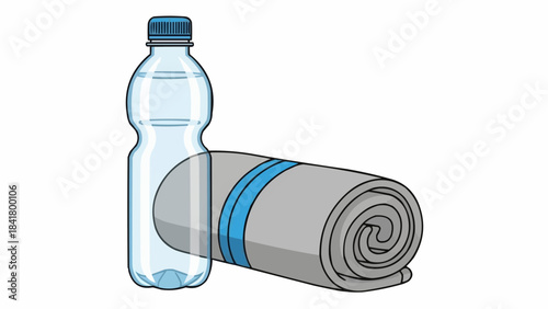 Water bottle and rolled towel for sports and fitness